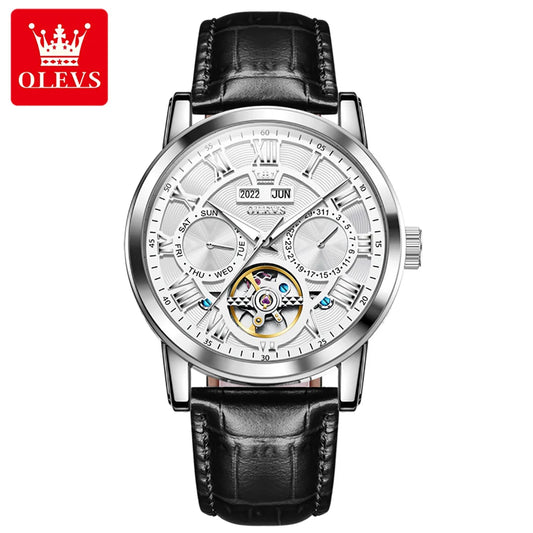 OLEVS 6668 Men Watch Leather Strap Luxury Quality Wristwatches Luminous Tourbillon Calendar Wristwatch