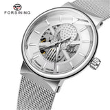 Forsining Hollow Out Mechanical Watches Engraved Luminous Hands Mesh Stainless Steel Band Black Skeleton Automatic Men Watch