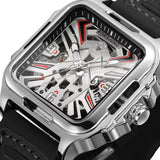 FORSINING Fashion Square Skeleton Mechanical Men Watch Automatic Movement Clock Sport Black Rubber Band Luxury Watches Silver