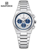 NAVIFORCE Trend Silver Blue Stainless Steel Couple Quartz Watches Calendar Chronograph for Lovers Waterproof Fashion Men Watch