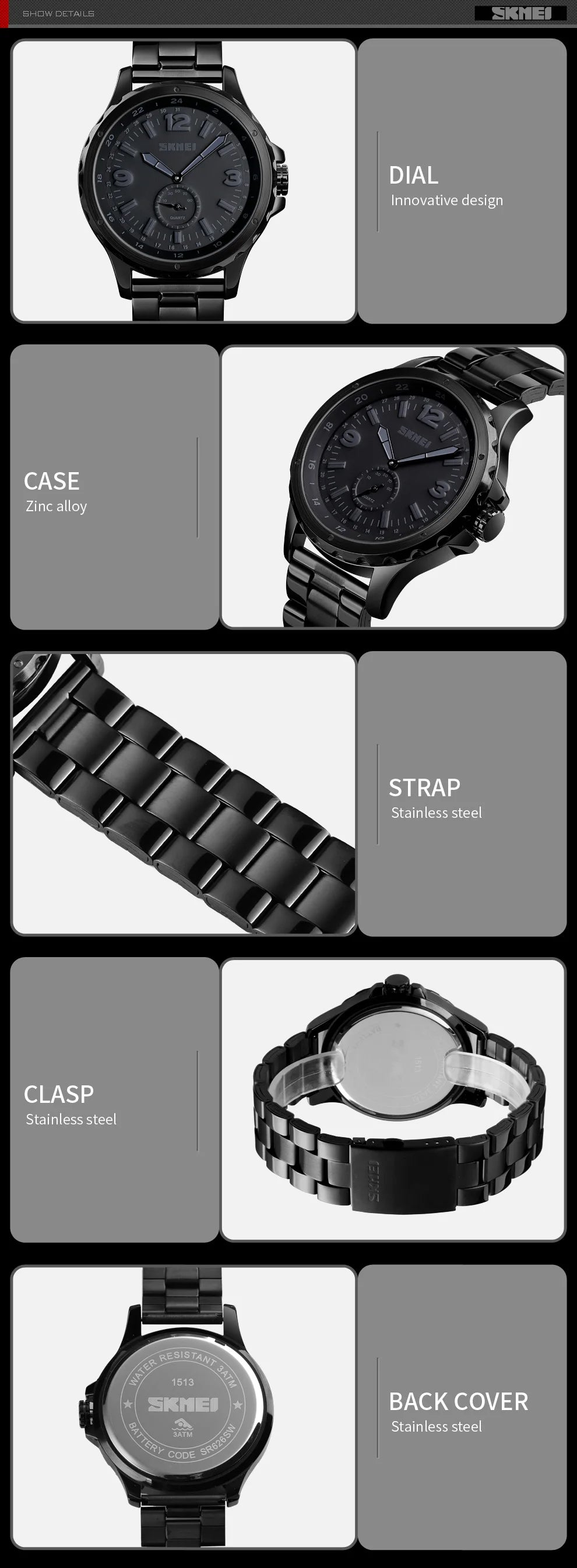 SKMEI Fashion Men Watches Top Brand Luxury Quartz Watch Casual Classic Black Full Steel Wristwatch for Male Relogio Masculino