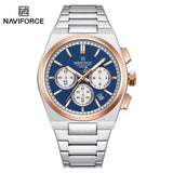 NAVIFORCE Trend Silver Blue Stainless Steel Couple Quartz Watches Calendar Chronograph for Lovers Waterproof Fashion Men Watch