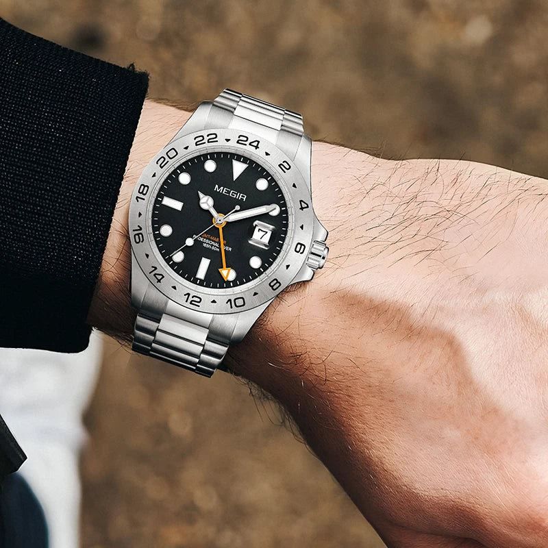 Men Watch Private Label Gold Quart Luxury Man Wrist Watch Quartz Movement Sapphire Glass Reloj Megir Stainless Steel Watch Men 8