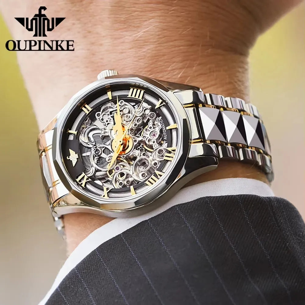OUPINKE Tungsten Steel Watch - Transparent Dial Sapphire Automatic