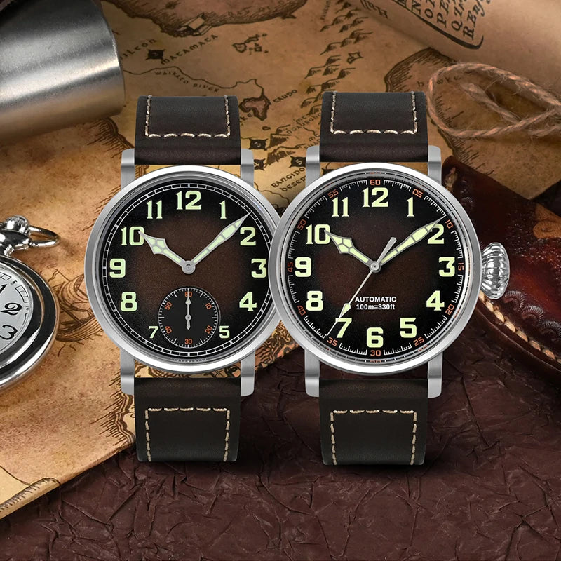 Vintage 44.5mm Manual Mechanical Men's Watch with Simple Style Sapphire Glass 10Bar Water Resistant Dial Diameter 30mm