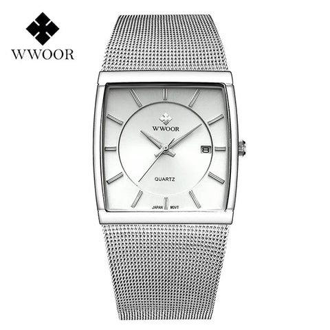 WWOOR 2024 Fashion Men Watch Full Steel Mesh Belt Waterproof Men Clock Luxury Watch For Men Quartz Sport Wristwatch Reloj Hombre