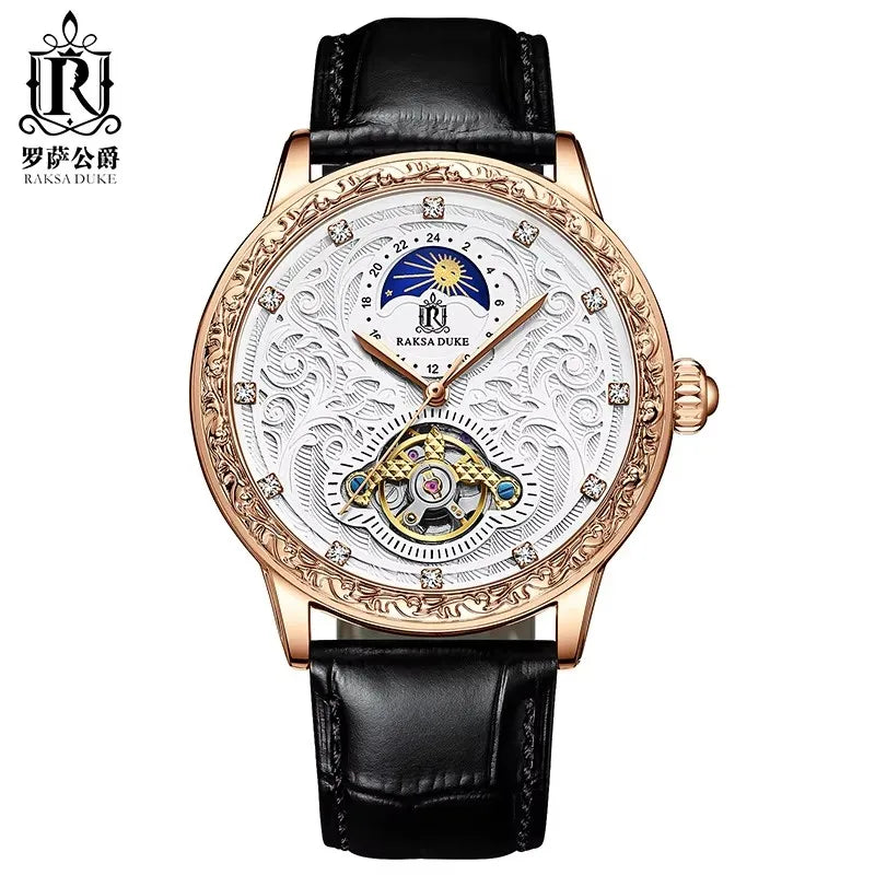 Raksa Duke  New Brand High Quality Automatic Genuine Leather Tourbillon Moon Phase Stereo Carving Men Watch