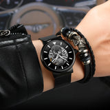 Forsining Hollow Out Mechanical Watches Engraved Luminous Hands Mesh Stainless Steel Band Black Skeleton Automatic Men Watch