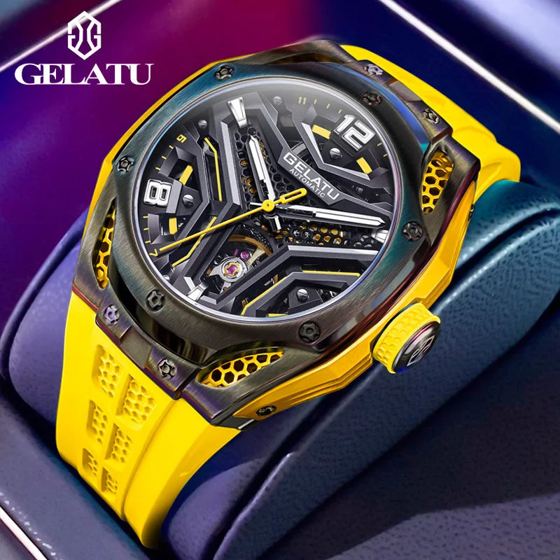 GELATU 6007 Men Watch Tourbillon Fully Automatic Mechanical Watch Luxury Band Fashion Sports Waterproof Man Watch Reloj Hombres