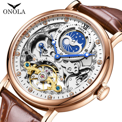ONOLA Brand 6836  Hot Fashion Gold Silver Skeleton Mechanical Automatic Movemet Luxury Oem Odm Tourbillon Men Watch