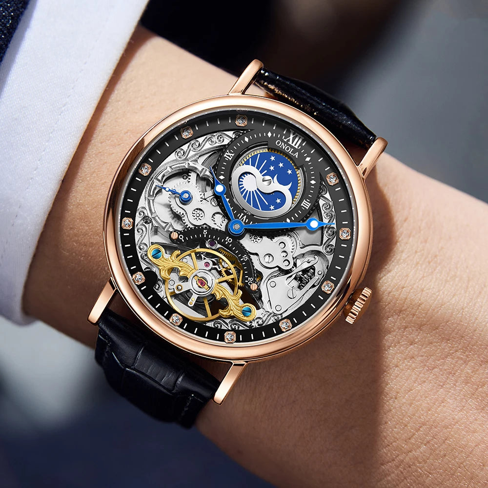 ONOLA 6836 Skeleton Tourbillon Watch - Gold Silver Automatic
