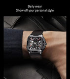 FORSINING Fashion Square Skeleton Mechanical Men Watch Automatic Movement Clock Sport Black Rubber Band Luxury Watches Silver