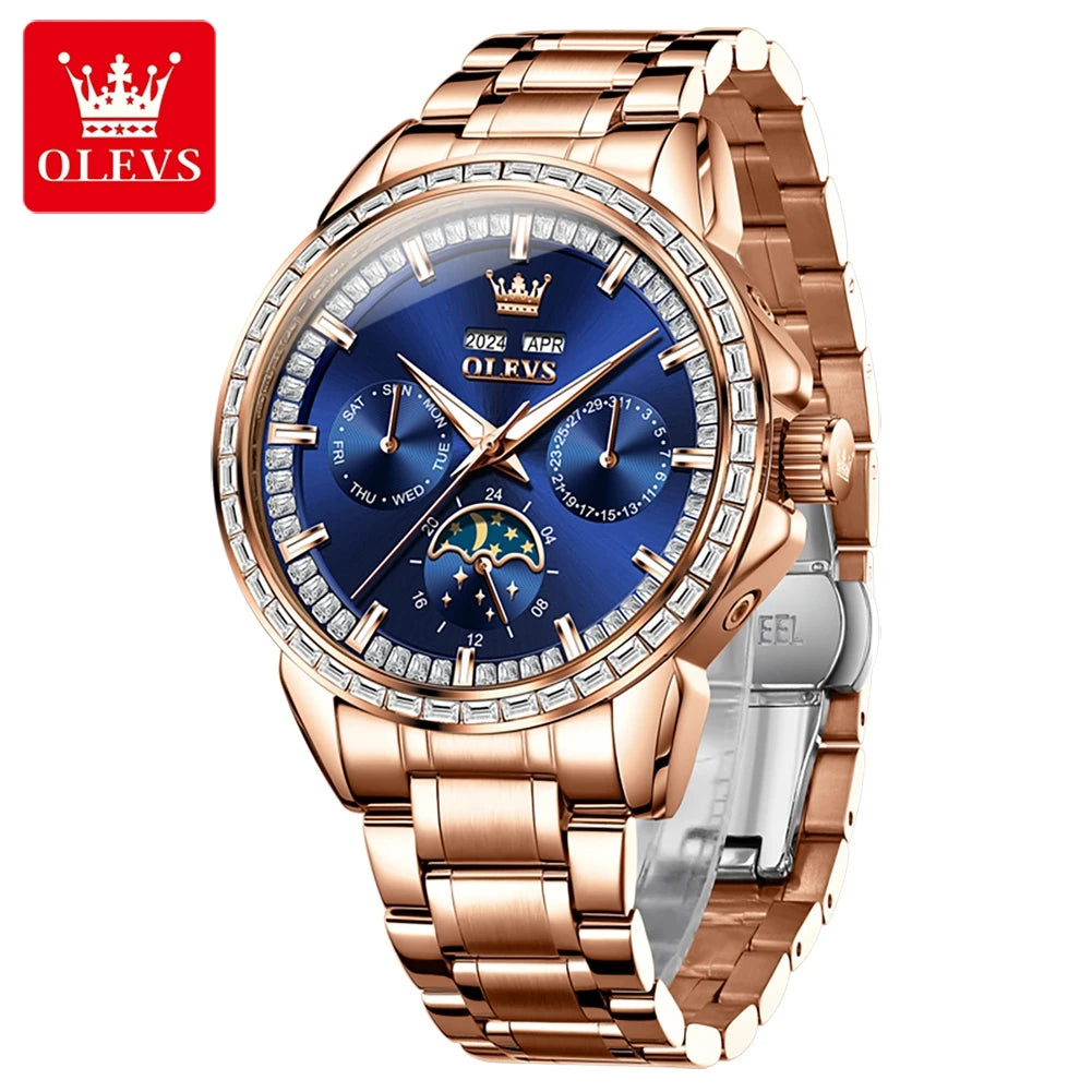 OLEVS 6695 Mechanical Automatic Movt Watches High Quality Stainless Steel Strap Auto Week 24 Hours Moon Phase Display SmartWatch