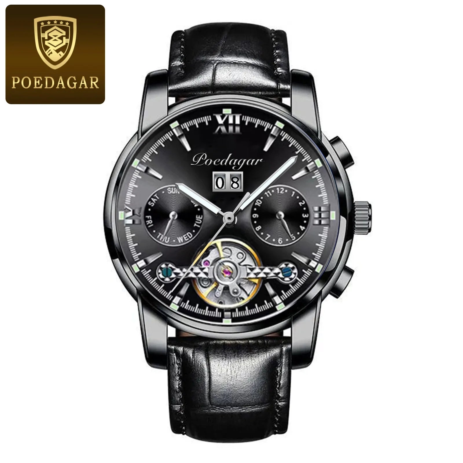 POEDAGAR Men Watch Automatic Mechanical Man Wrist Watch Hollow Tourbillon Stainless Steel Waterproof Luminous Date Mens Watches