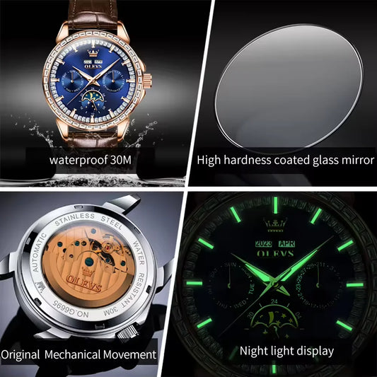 OLEVS 6695 Original Comfortable Leather Strap Brand Luxury Automatic Mechanical Men Watch Calendar Function Casual Male Watches