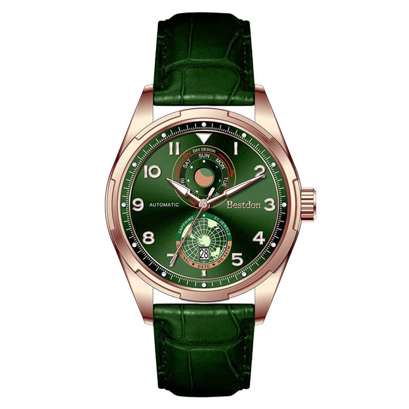 Bestdon BD77144G Rose Gold Men Watch Stainless Steel Case Mechanical Watch Full Calendar Visible Japan Movement Automatic Watch