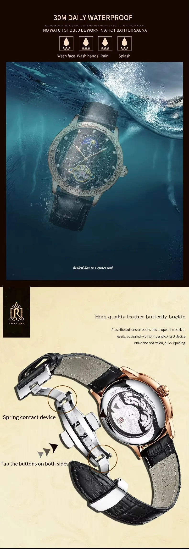 Raksa Duke  New Brand High Quality Automatic Genuine Leather Tourbillon Moon Phase Stereo Carving Men Watch