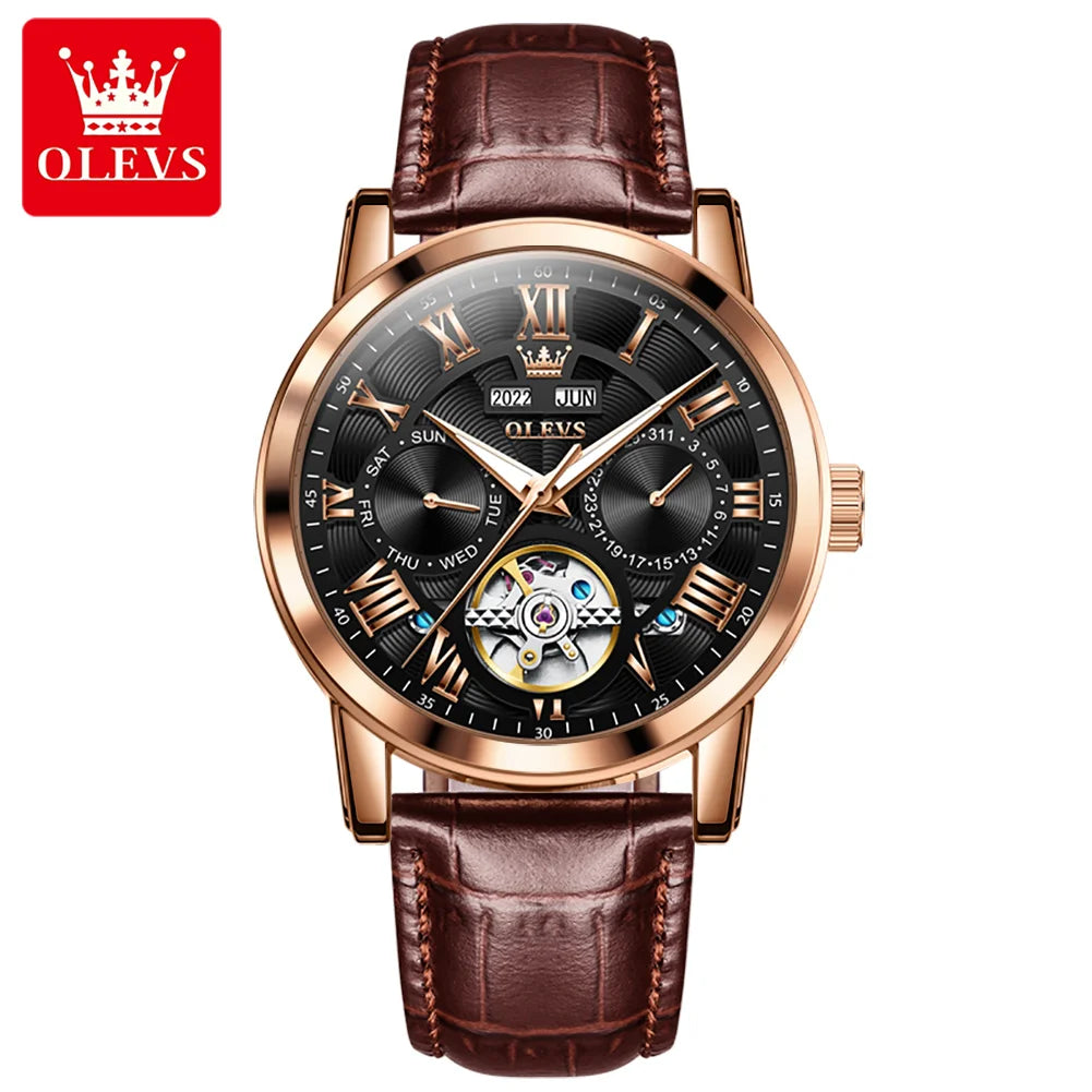 OLEVS 6668 Tourbillon Watch - Leather Strap Luminous Calendar Mechanical