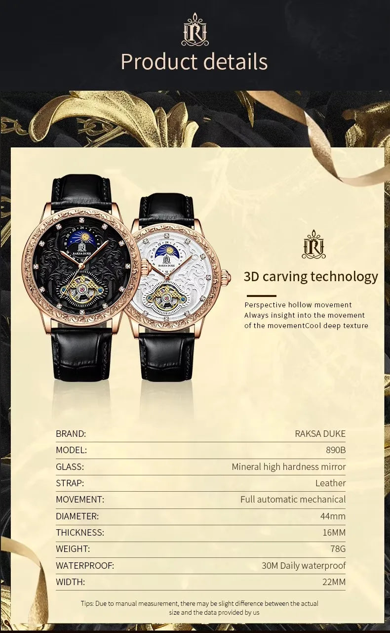 Raksa Duke  New Brand High Quality Automatic Genuine Leather Tourbillon Moon Phase Stereo Carving Men Watch