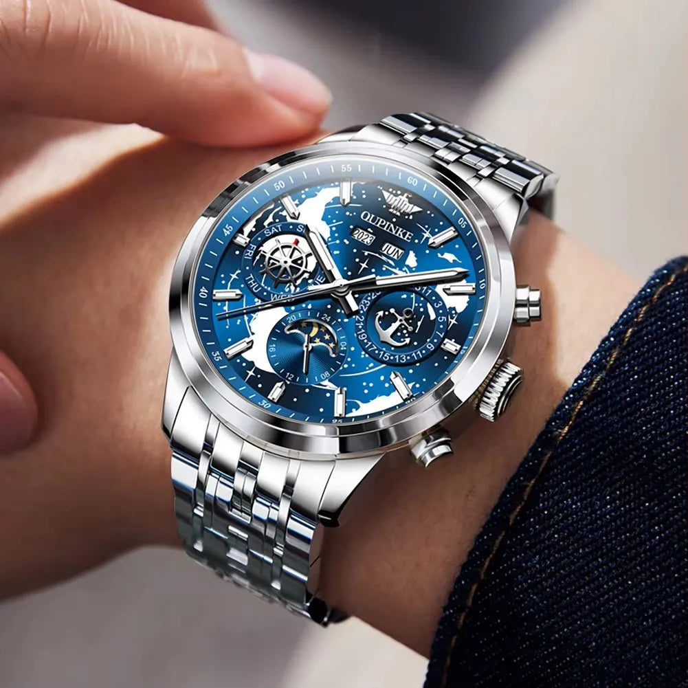 OUPINKE 3256 Fashion Men Watch Nebula Surge Dial Men Waterproof Night Light Calendar Week Original Automatic Mechanical Watch