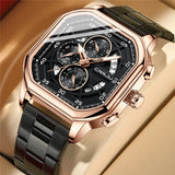 CRRJU 2314 New Stainless Steel Rose Black Men Watch Multi-function Chronograph Quartz Watches Mens Waterproof Luminous Clock