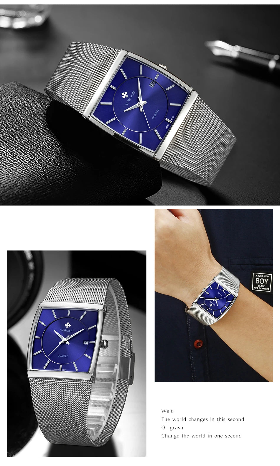WWOOR Luxury Rectangle Watch - Ultra-Thin Stainless Steel Sport Timepiece