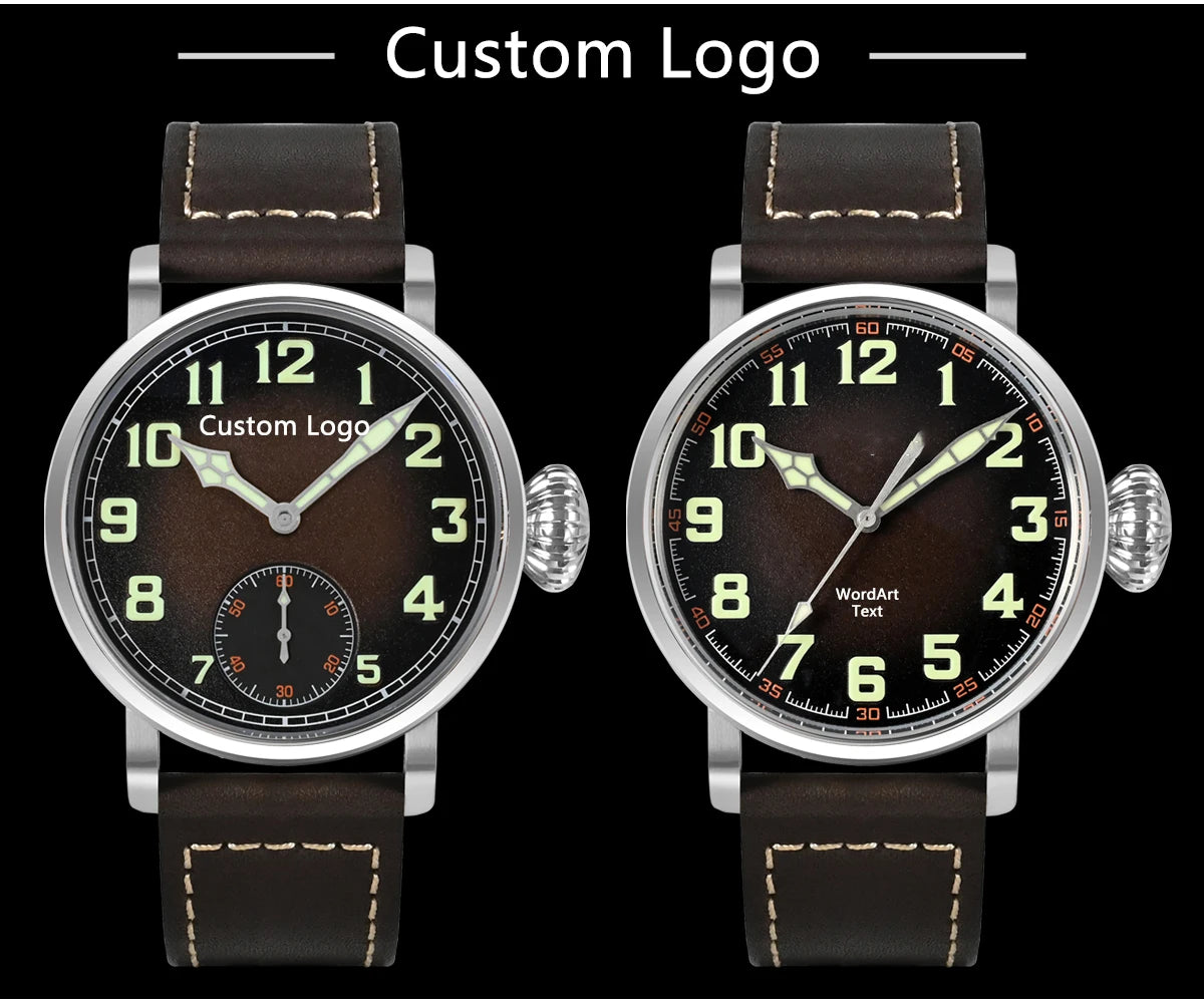 Vintage 44.5mm Manual Mechanical Men's Watch with Simple Style Sapphire Glass 10Bar Water Resistant Dial Diameter 30mm