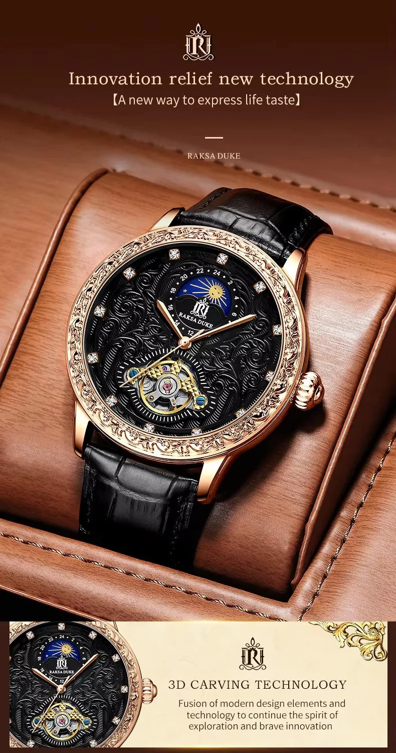 Raksa Duke  New Brand High Quality Automatic Genuine Leather Tourbillon Moon Phase Stereo Carving Men Watch