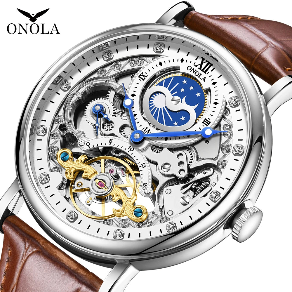 ONOLA 6836 Skeleton Tourbillon Watch - Gold Silver Automatic