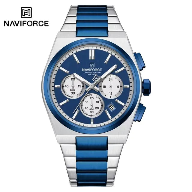 NAVIFORCE Trend Silver Blue Stainless Steel Couple Quartz Watches Calendar Chronograph for Lovers Waterproof Fashion Men Watch