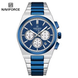 NAVIFORCE Trend Silver Blue Stainless Steel Couple Quartz Watches Calendar Chronograph for Lovers Waterproof Fashion Men Watch