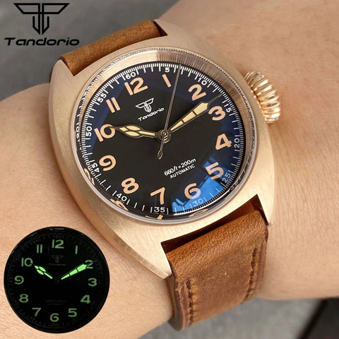 Tandorio 36mm Pilot Bronze Real Cusn8 Case NH35 PT5000 Automatic Mechanical Men Watch 20atm Dive Domed AR Sapphire Glass Leather