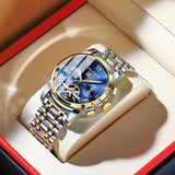 Poedagar 141  Skeleton Waterproof Men Watch  Mechanical Gold Blue Automatic Mens Watches Luxury Stainless Steel Wristwatch Man
