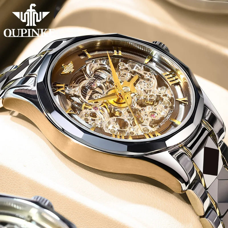 OUPINKE Tungsten Steel Watch - Transparent Dial Sapphire Automatic