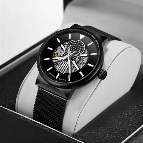 Forsining Hollow Out Mechanical Watches Engraved Luminous Hands Mesh Stainless Steel Band Black Skeleton Automatic Men Watch