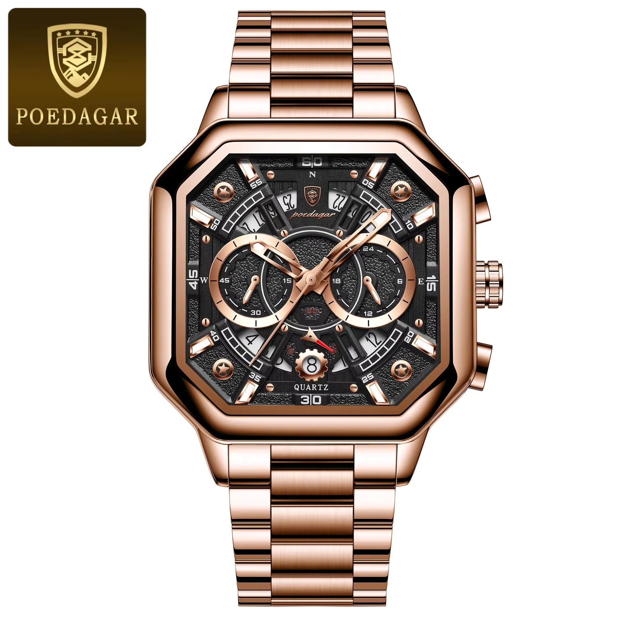 POEDAGAR 983 Sports Quartz Reloj Hombre Men's Stainless Men Watch Luxury Chronograph Square Waterproof Luminous Hands Watches