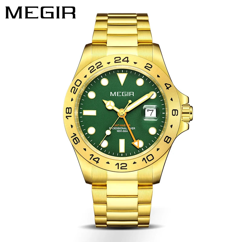 Men Watch Private Label Gold Quart Luxury Man Wrist Watch Quartz Movement Sapphire Glass Reloj Megir Stainless Steel Watch Men 8