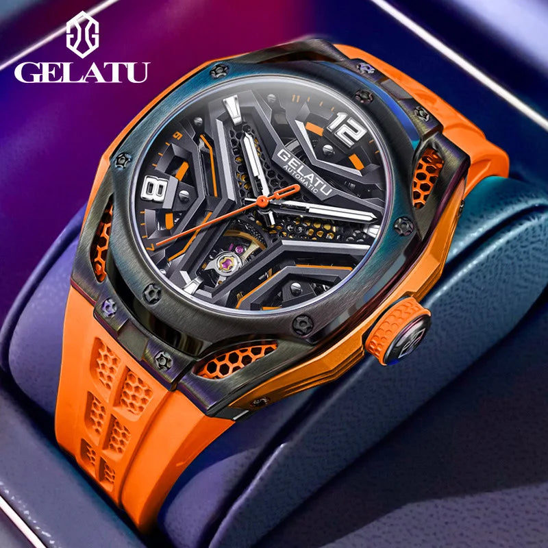 GELATU 6007 Men Watch Tourbillon Fully Automatic Mechanical Watch Luxury Band Fashion Sports Waterproof Man Watch Reloj Hombres