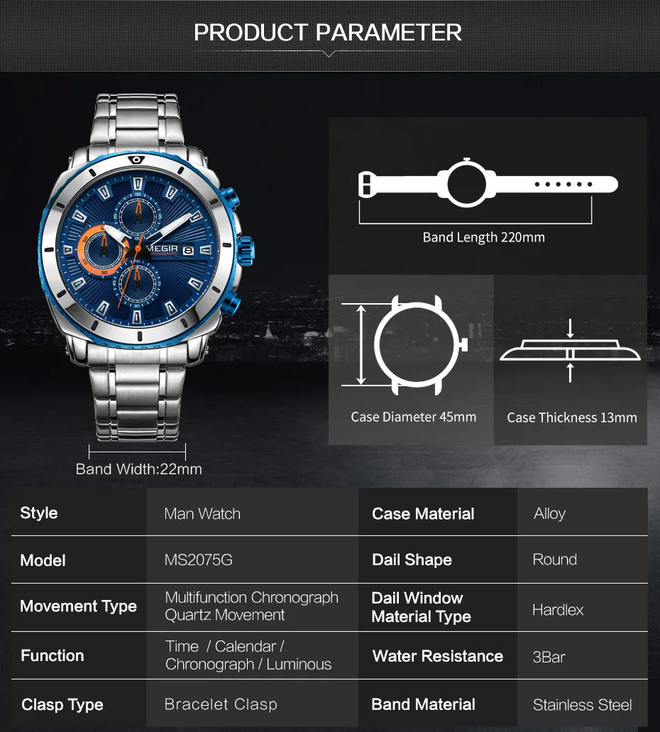 MEGIR 2075 chronograph watch clasp and bracelet detail