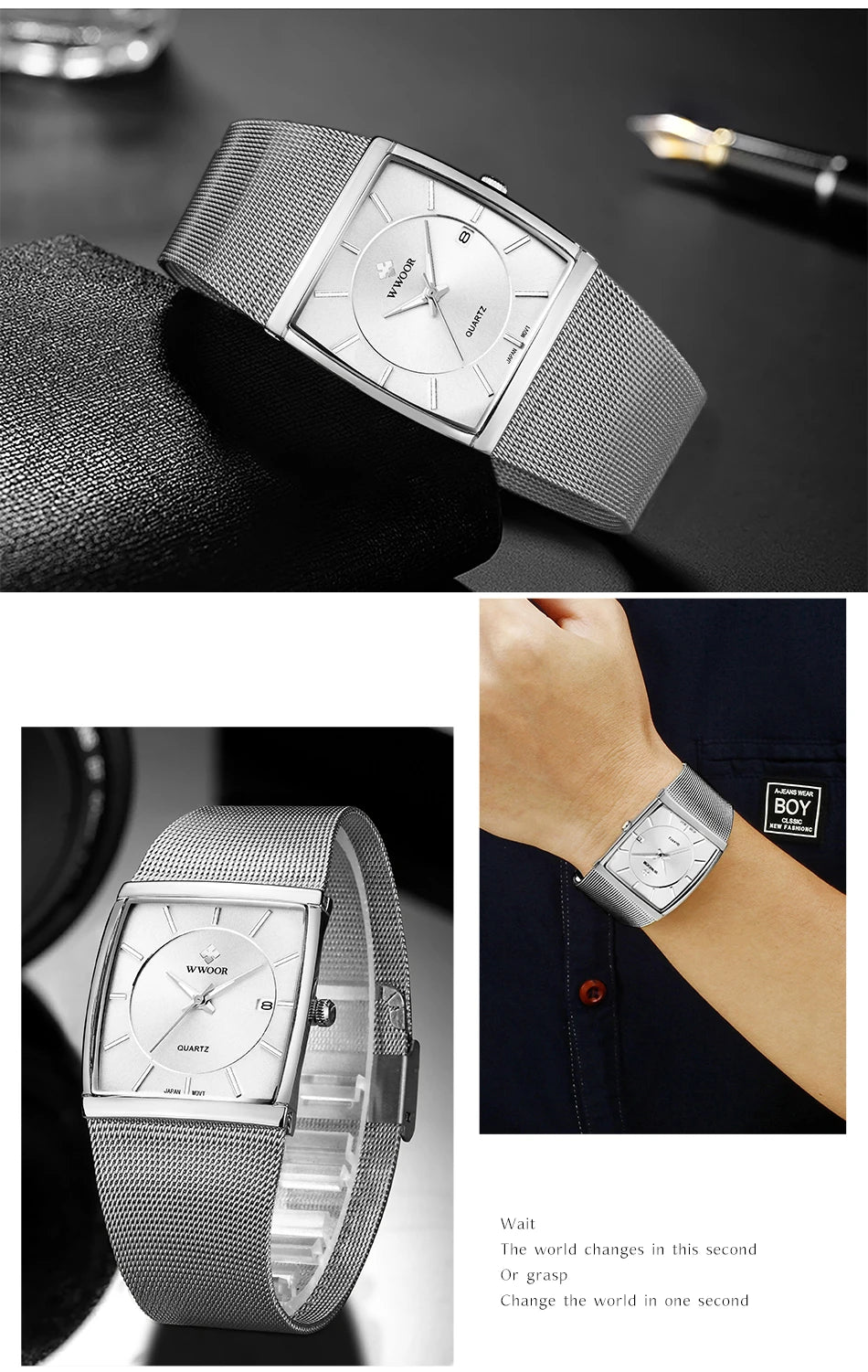 WWOOR Luxury Rectangle Watch - Ultra-Thin Stainless Steel Sport Timepiece