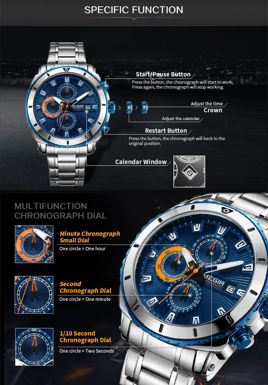 MEGIR 2075 Business Chronograph Watch - Stainless Steel