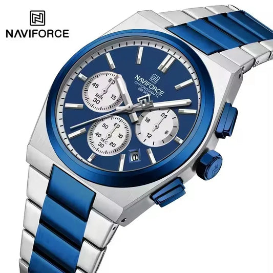 NAVIFORCE Trend Silver Blue Stainless Steel Couple Quartz Watches Calendar Chronograph for Lovers Waterproof Fashion Men Watch