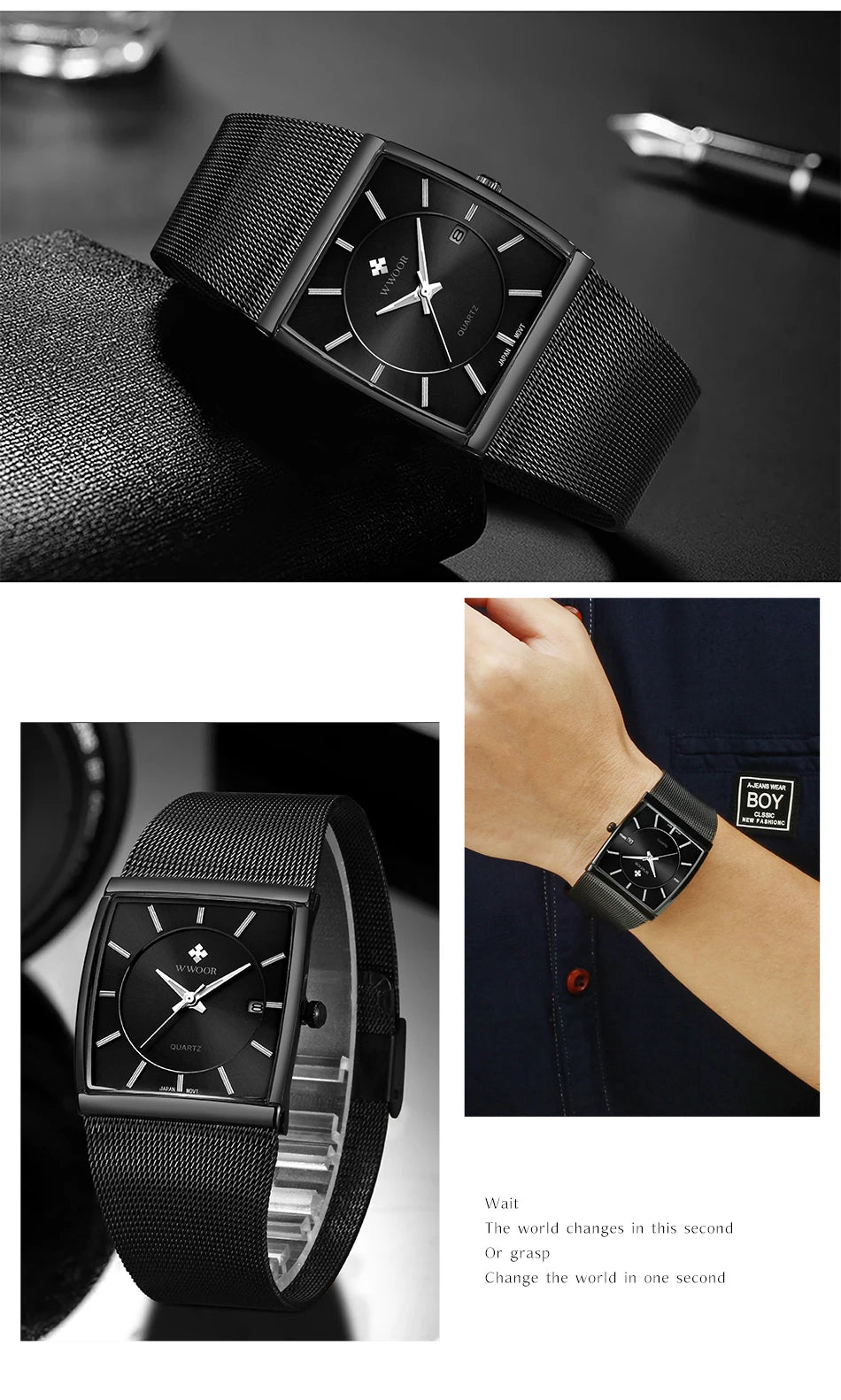 WWOOR Luxury Rectangle Watch - Ultra-Thin Stainless Steel Sport Timepiece