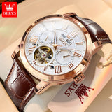 OLEVS 6668 Men Watch Leather Strap Luxury Quality Wristwatches Luminous Tourbillon Mechanical Man Calendar Wristwatch