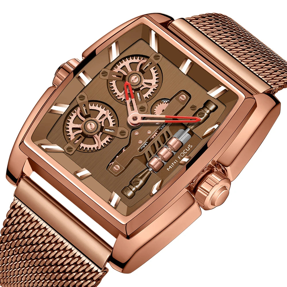 Latest Mini Focus MF0322G Creative Design Men Watch Barrel Case Brown Mesh Stainless Steel Band Waterproof Quartz Watches