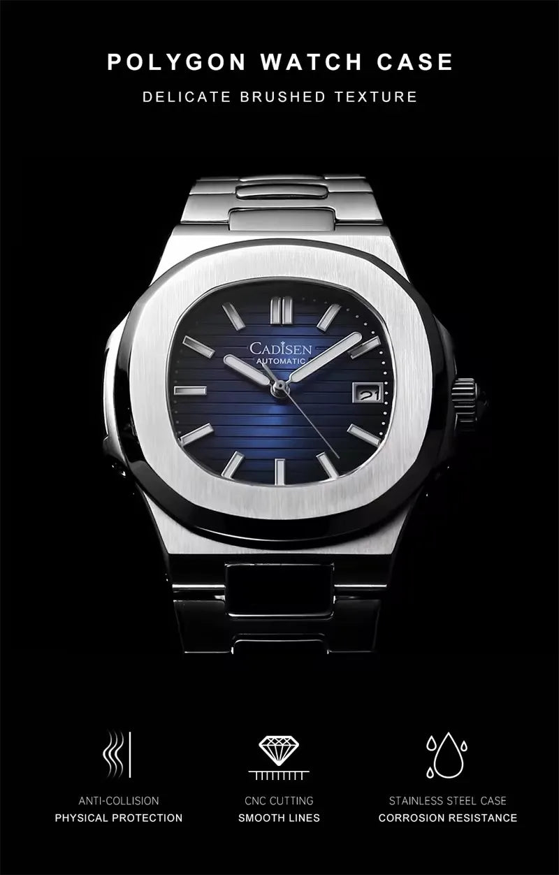 CADISEN 2024 New Design NH35A Movement Men Watch Mechanical Watch Male 100M Waterproof Automatic Sapphire Wrist Watch Blue Clock