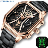 CRRJU 2313 Men Watch Casual Square Silver Quartz Watch Men Stainless Steel Strap Waterproof Time Code Illuminated Simple Clock