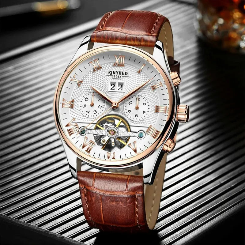 KINYUED J012 Montre De Luxe Homme Fashion Business Men Watch Leather Strap Sport Wristwatch Automatic Mechanical Watch for Male