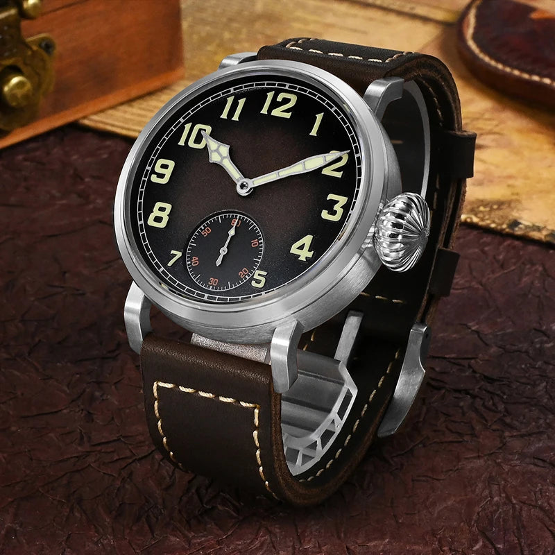 Vintage 44.5mm Manual Mechanical Men's Watch with Simple Style Sapphire Glass 10Bar Water Resistant Dial Diameter 30mm