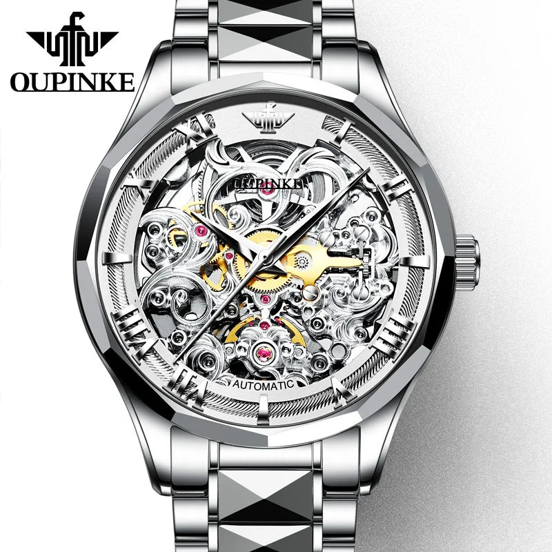 OUPINKE Tungsten Steel Watch - Transparent Dial Sapphire Automatic